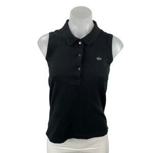 Lacoste Women's Black Logo Henley Sleeveless Blouse Tank Polo Shirt Top Size 8